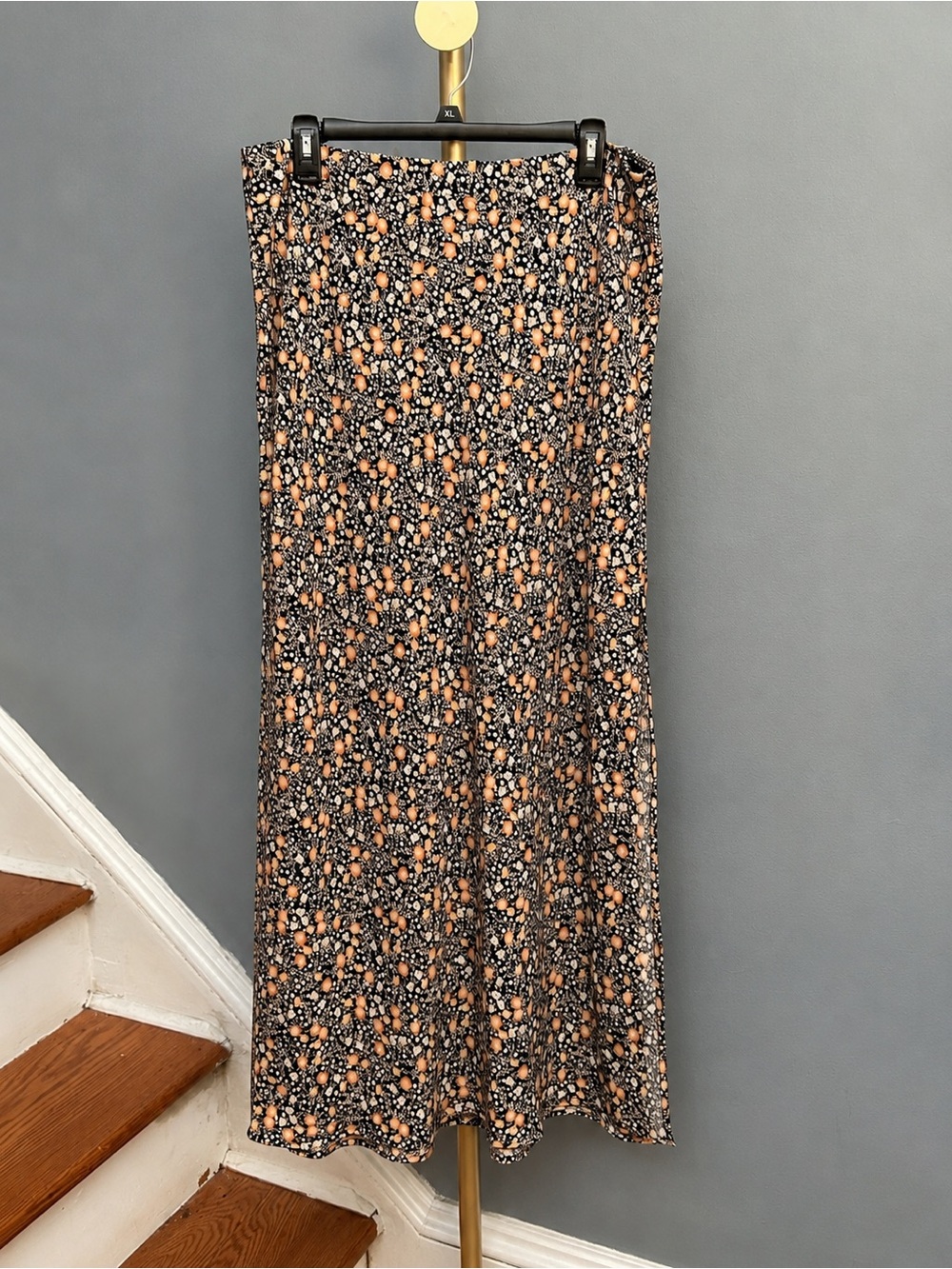 Nili Lotan Black Maxi Skirt with Peach Floral Print
